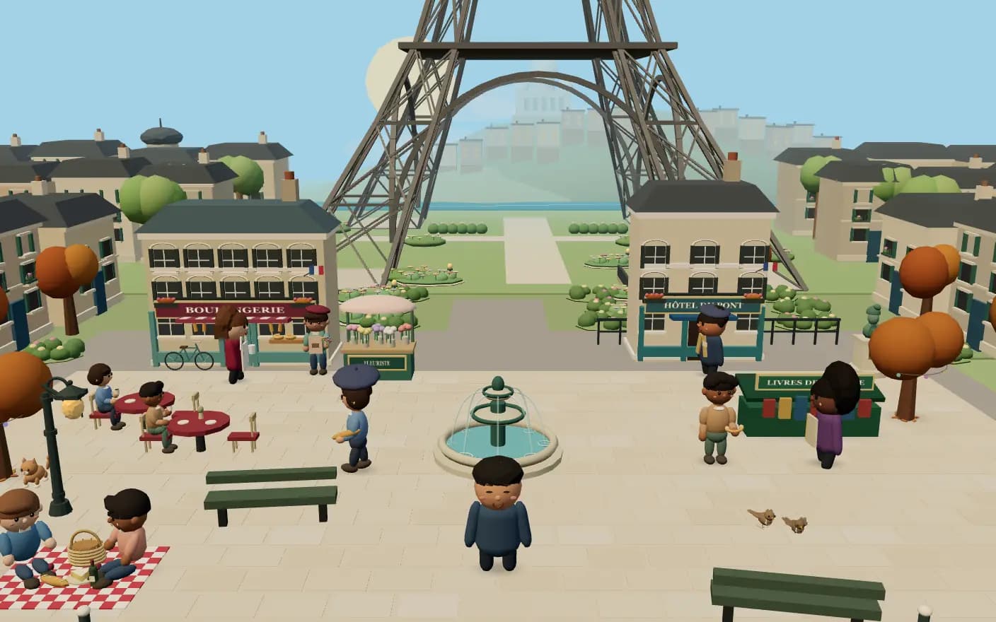 Paris in Langoust: your character on a square by the Eiffel Tower, with a bakery, a flower stall and neighbours at the café.