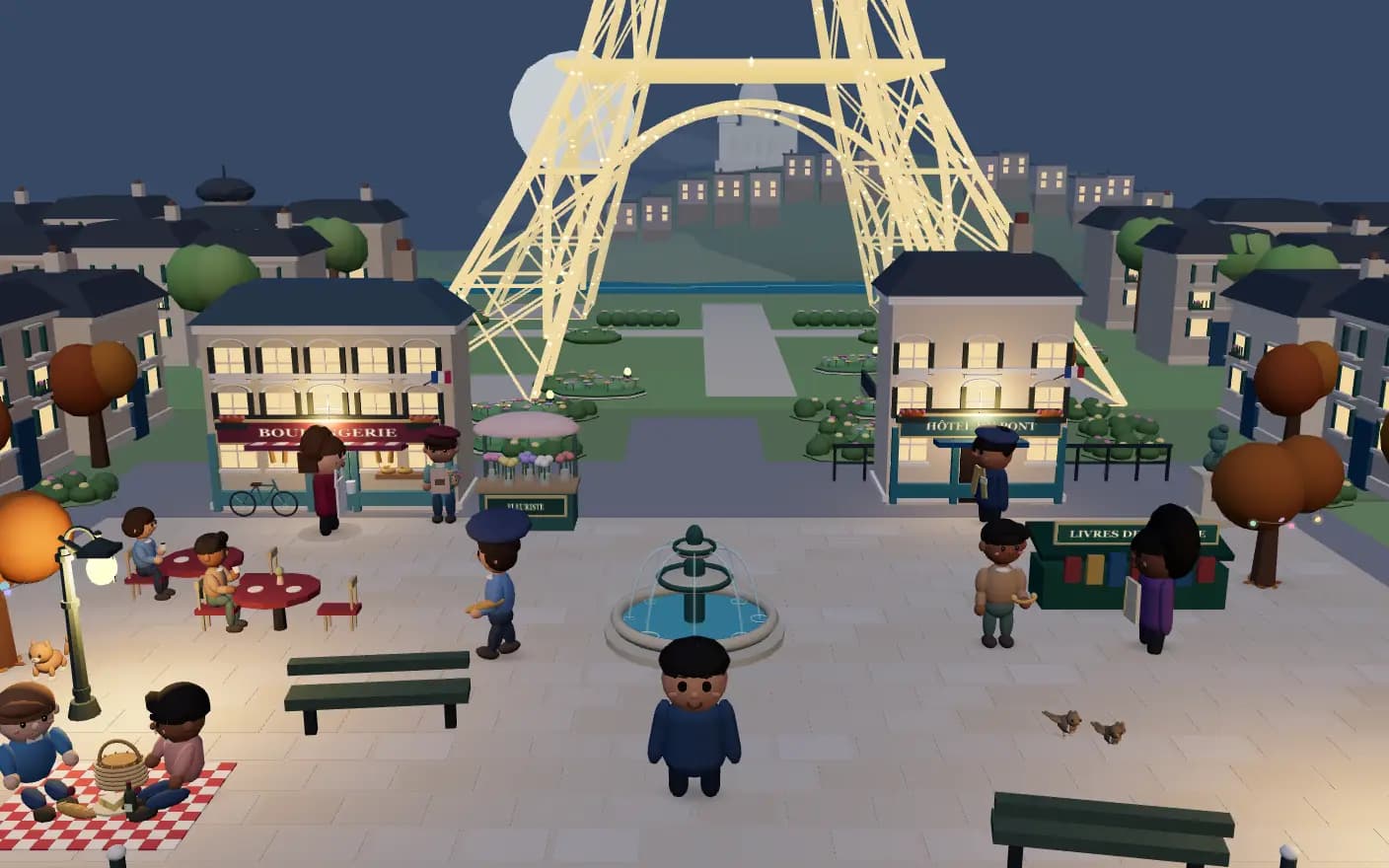 Paris at night in Langoust: the lit Eiffel Tower above a square where neighbours sit at the café and on the grass.